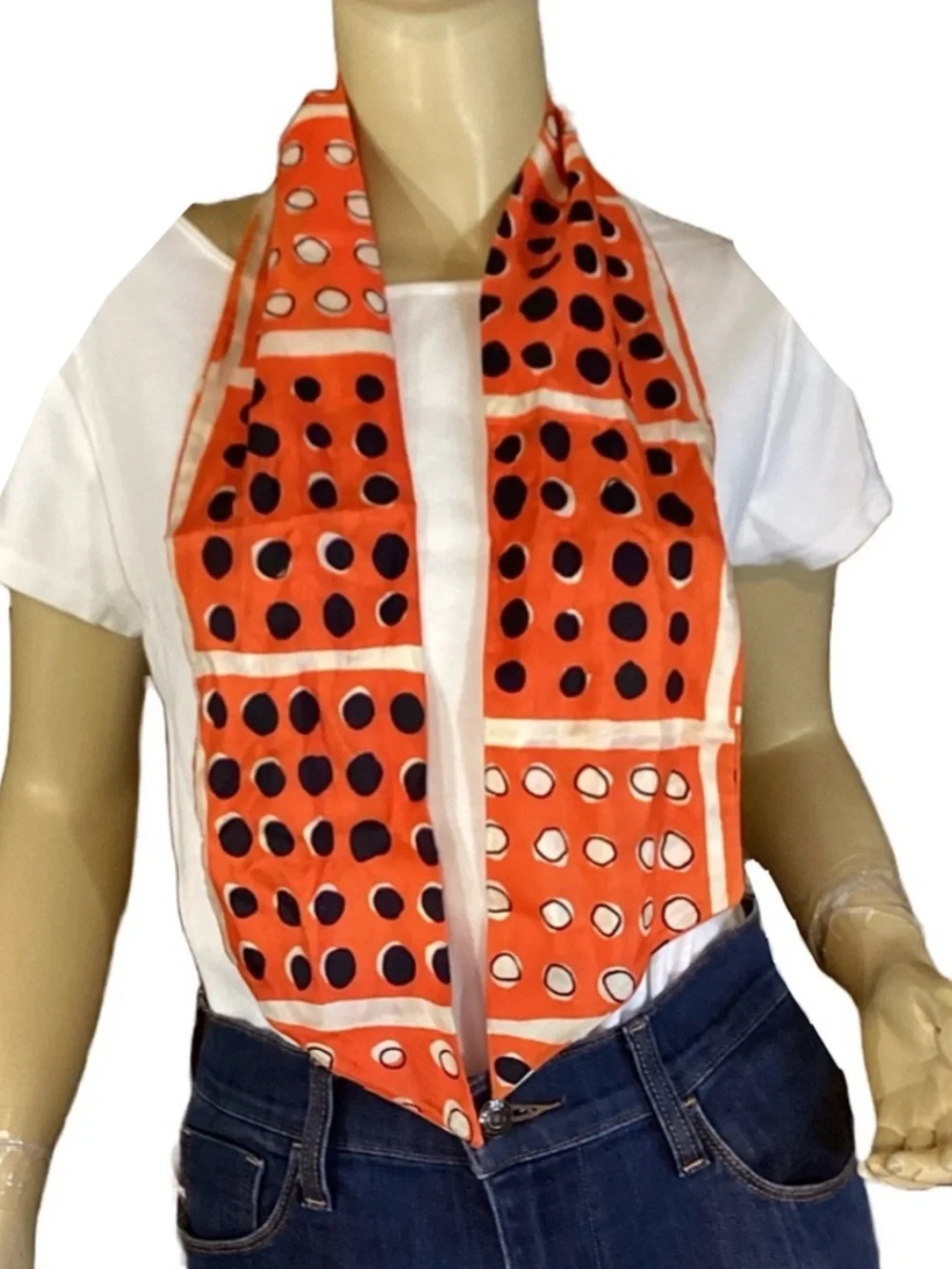 VINTAGE CIRCA 1960'S ORANGE, BLUE AND WHITE POLKA-DOT MOD SCARF